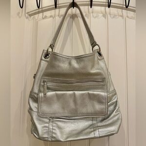 Cole Haan Silver Leather Bailey Hobo Shoulder Bag. 14” by 12” by 4.5”